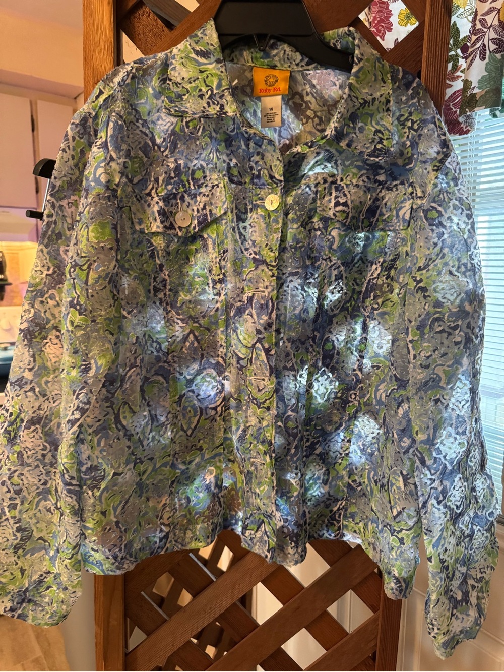 Ruby Rd. Blue & Green Floral-Print Button Front Top